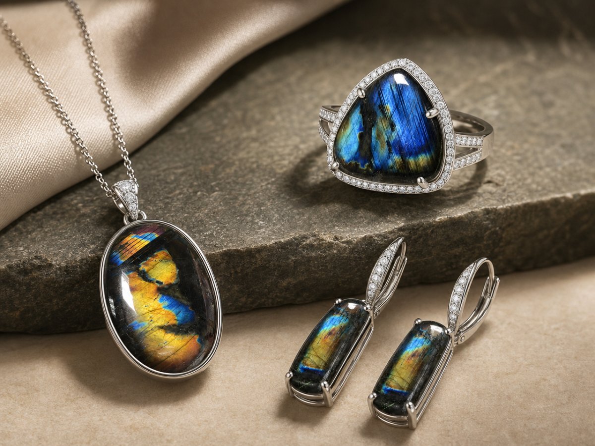 Spectrolite gemstones shown in jewelry