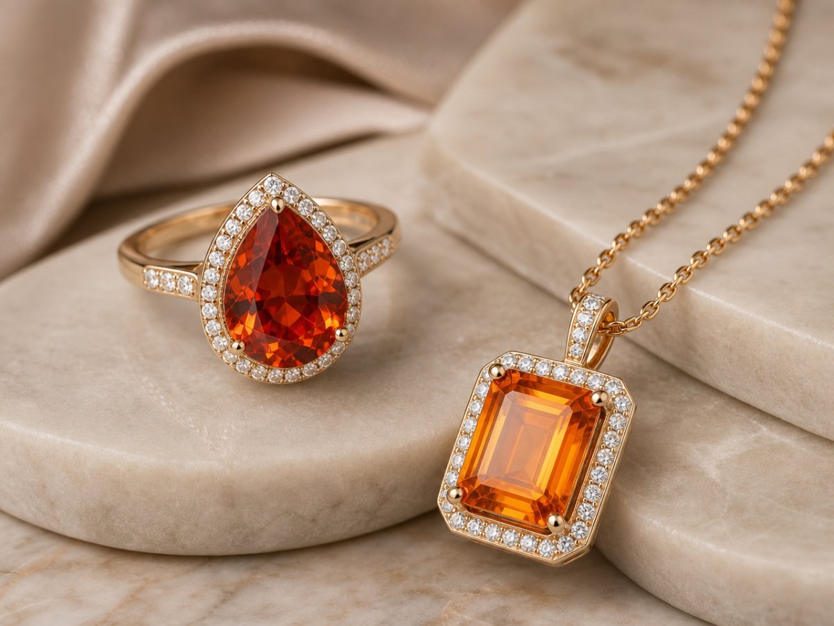 Spessartite Garnet gemstones shown in jewelry