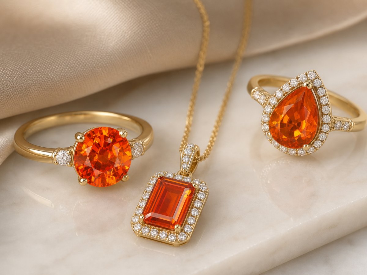 Spessartite Garnet gemstones shown in jewelry