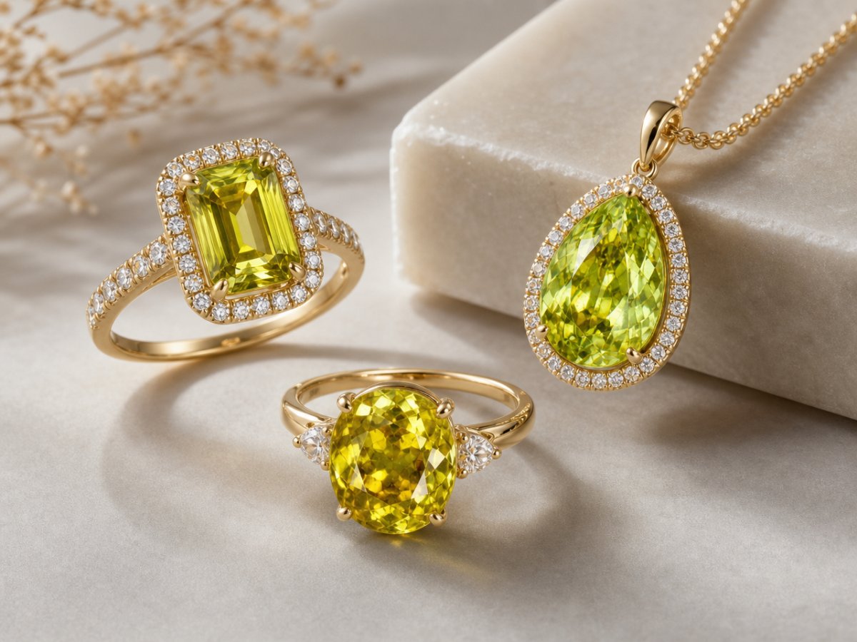 Sphene gemstones shown in jewelry