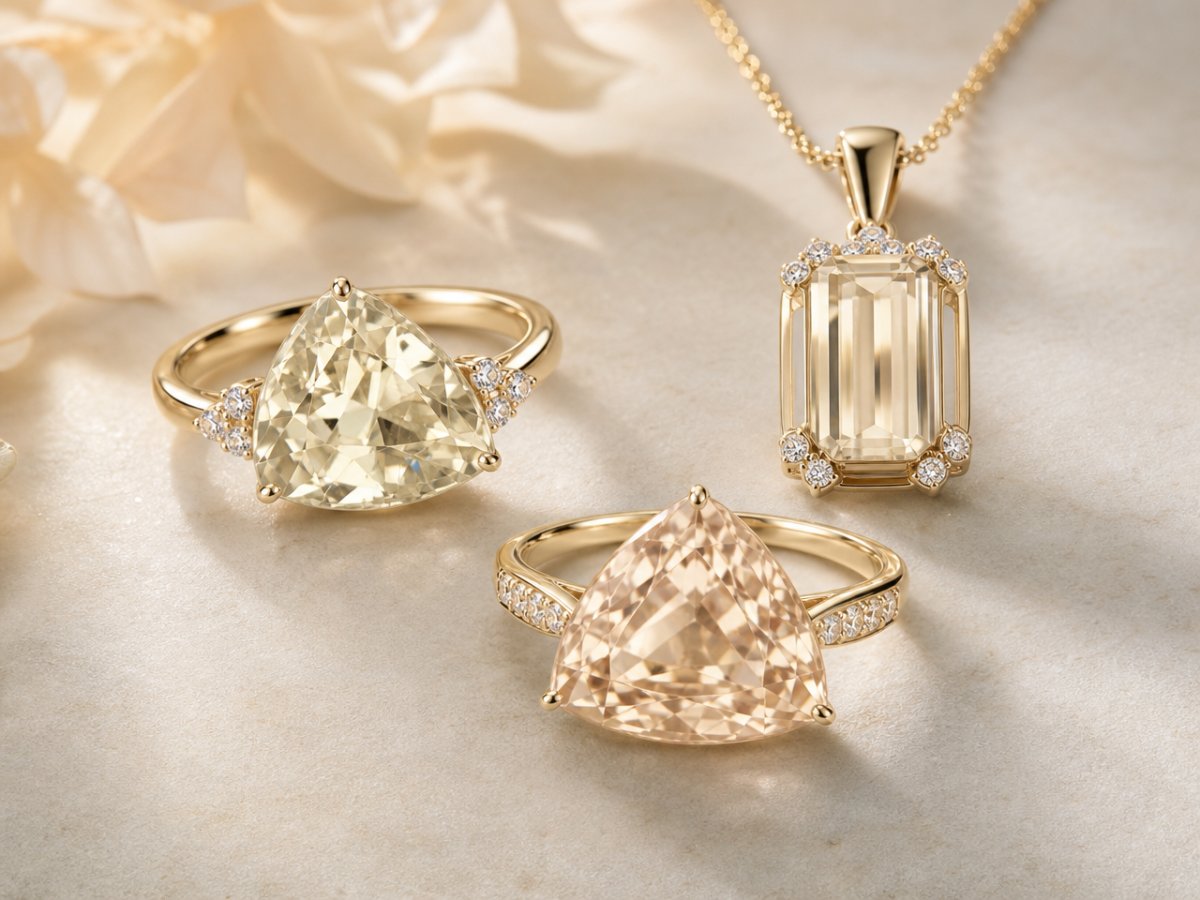 Spodumene gemstones shown in jewelry