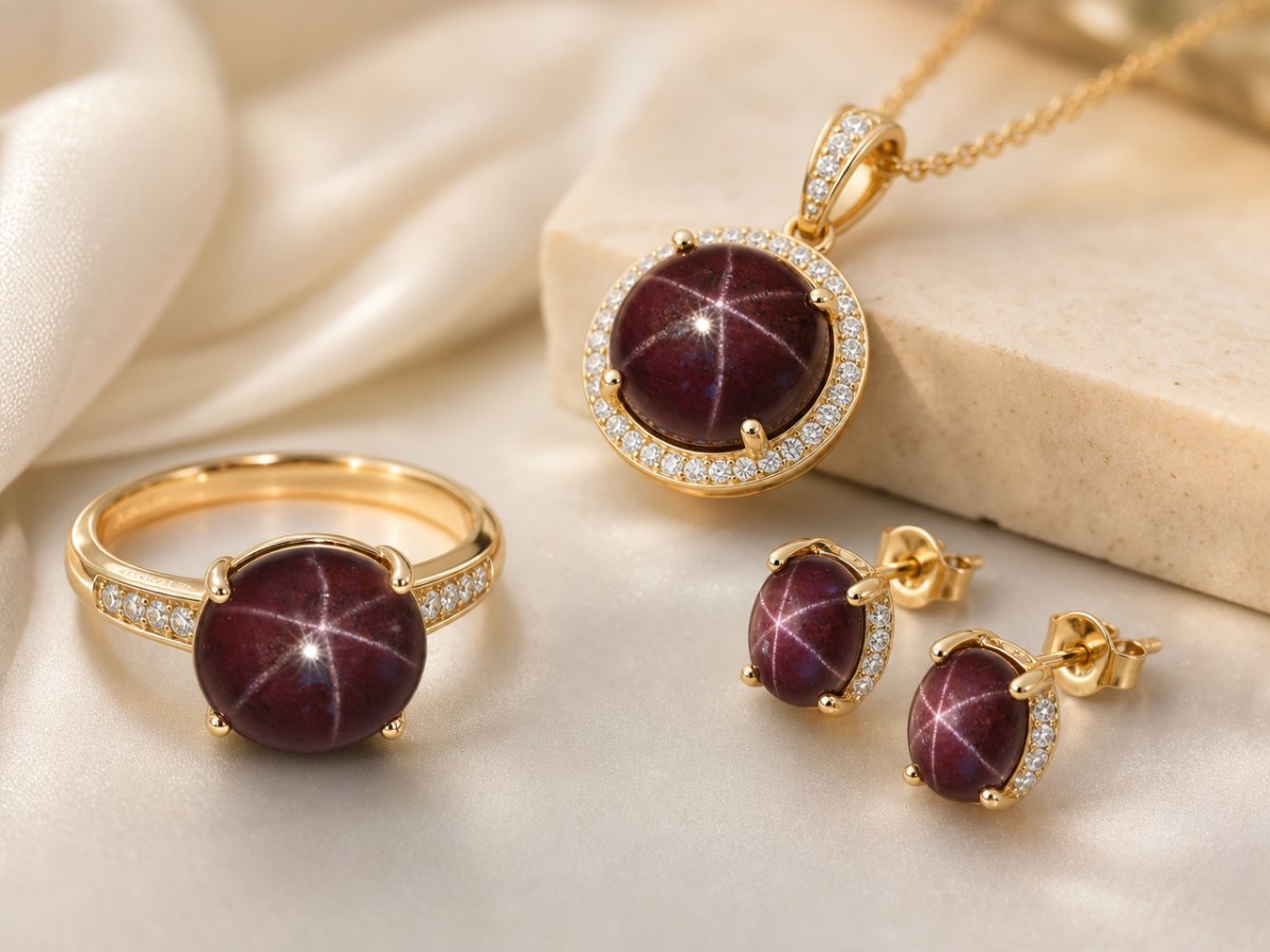 Star Garnet gemstones shown in jewelry