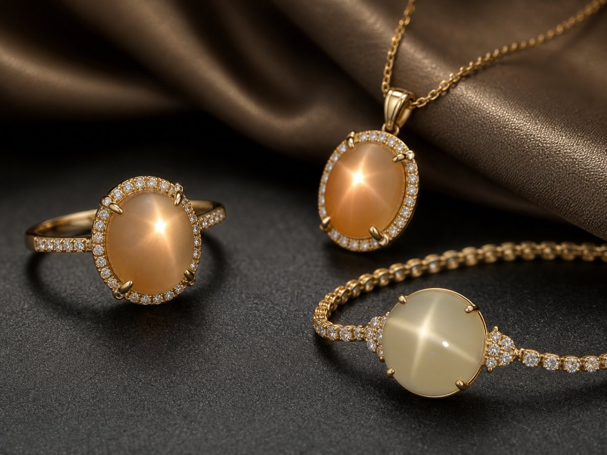 Star Moonstone gemstones shown in jewelry