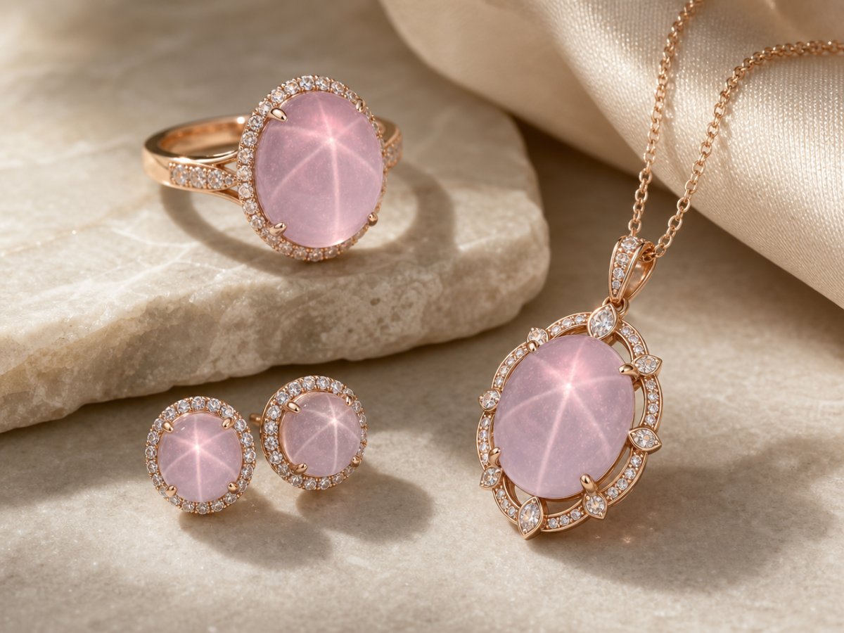 Star Rose Quartz gemstones shown in jewelry