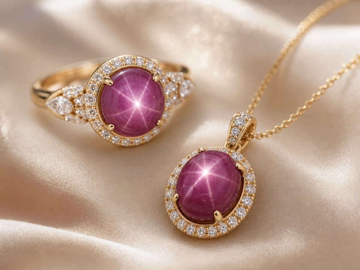 Star Ruby gemstones shown in jewelry