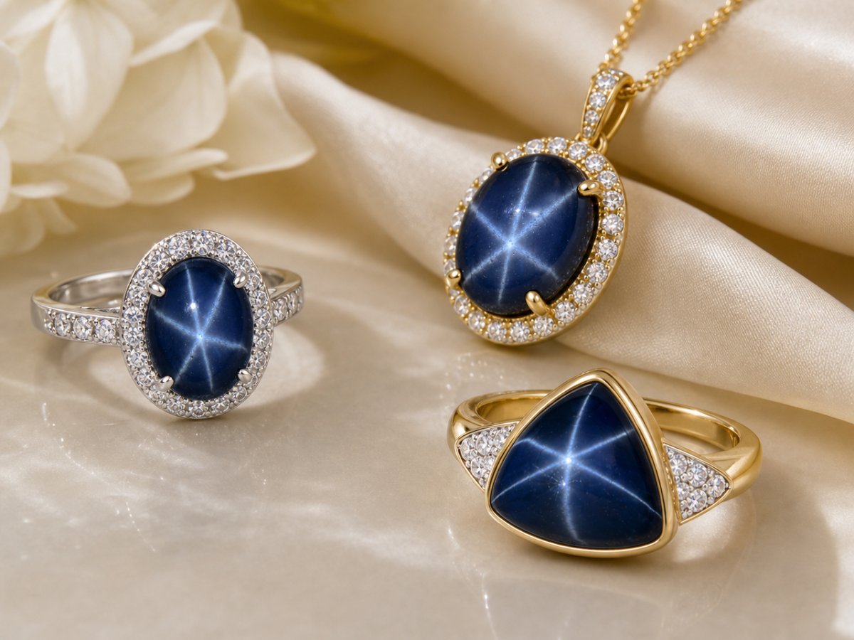 Star Sapphire gemstones shown in jewelry