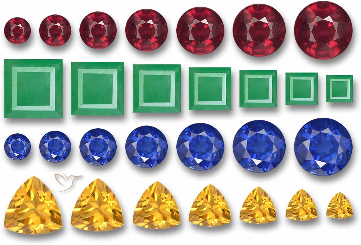 Loose gemstones arranged with standard jewelry mountings