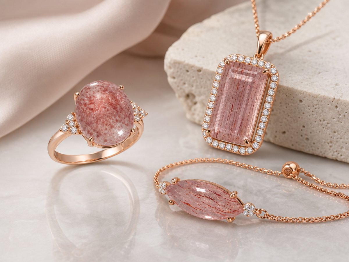 Strawberry Quartz gemstones shown in jewelry
