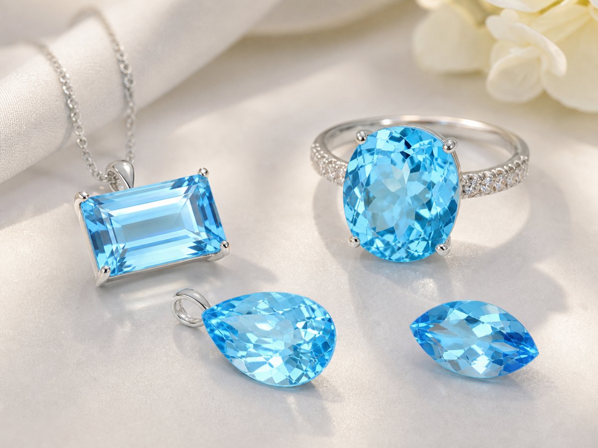 Swiss Blue Topaz gemstones shown in jewelry