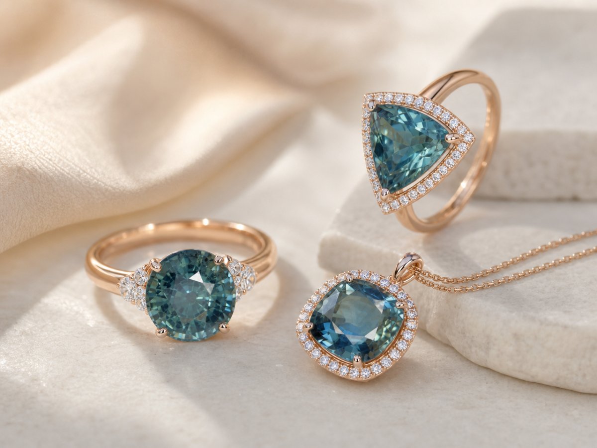 Teal Sapphire gemstones shown in jewelry