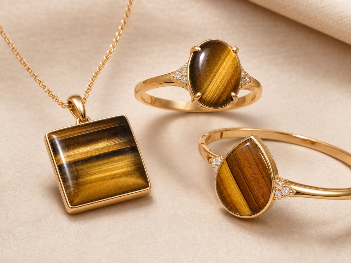 Tiger's Eye gemstones shown in jewelry