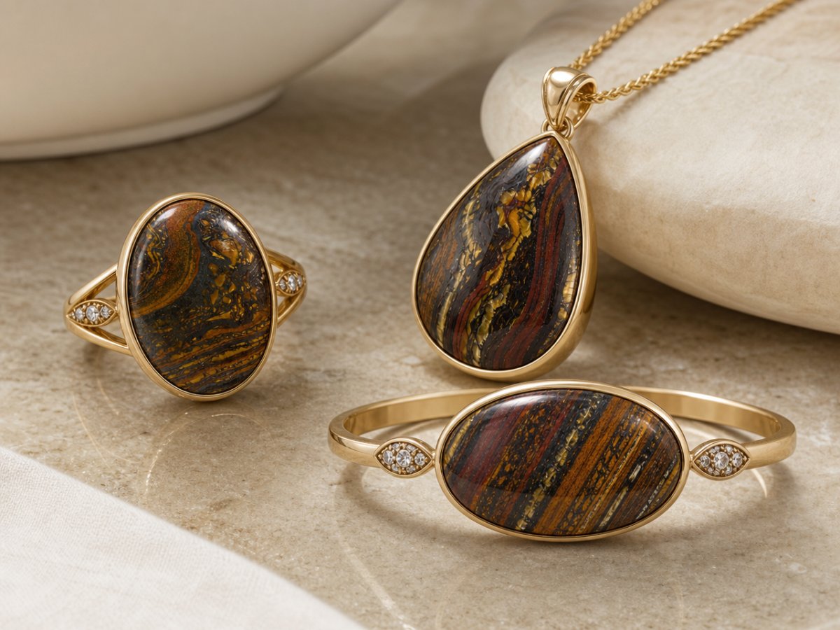 Tiger's Eye Matrix gemstones shown in jewelry