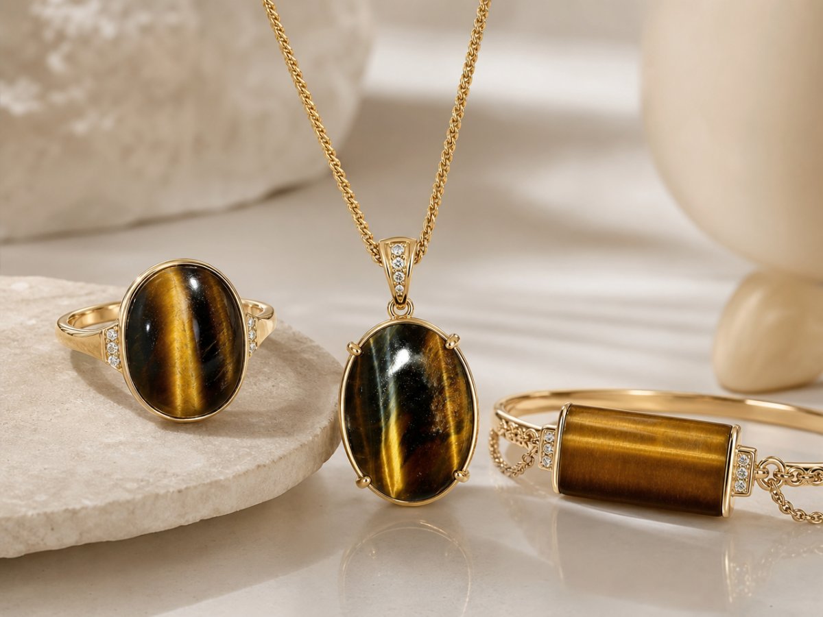 Tiger's Eye gemstones shown in jewelry