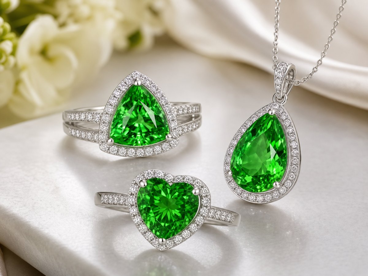 Gemas de granate tsavorita mostradas en joyería