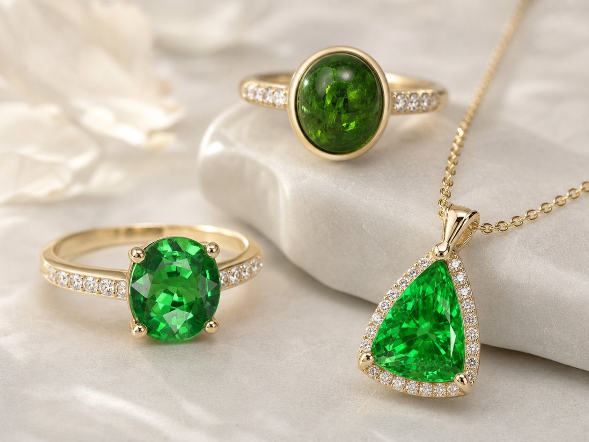 Tsavorite Garnet gemstones shown in jewelry