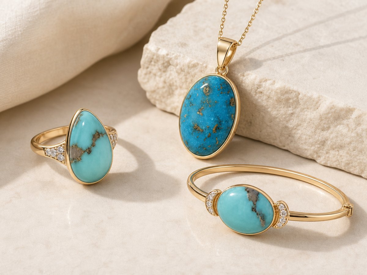 Turquoise gemstones shown in jewelry