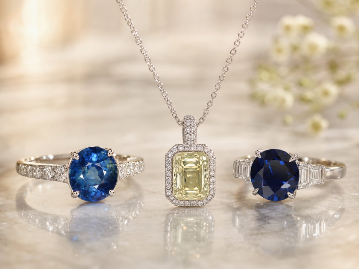Unheated Sapphire gemstones shown in jewelry