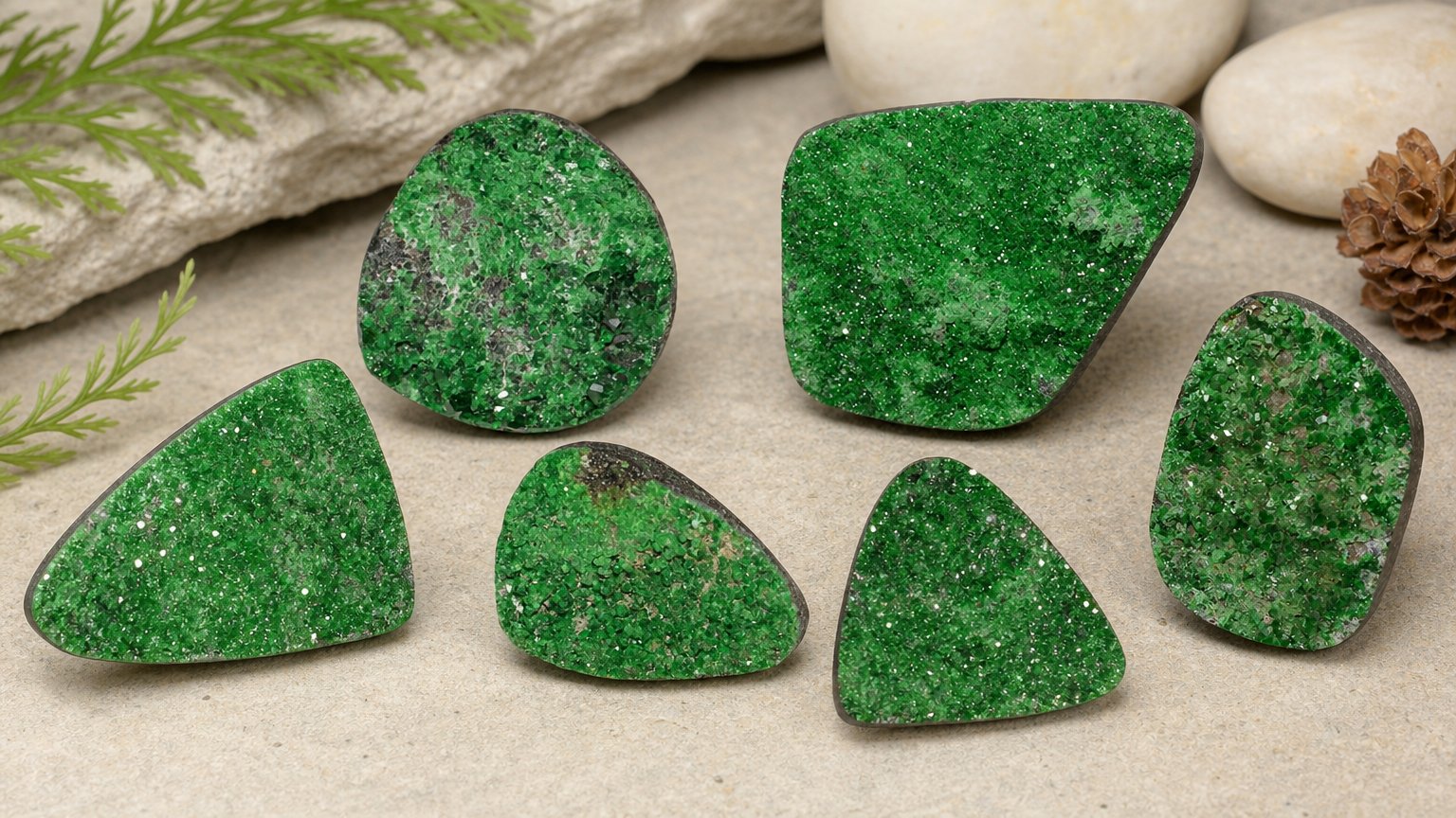Natural Uvarovite Garnet Drusy gemstones - buying guide