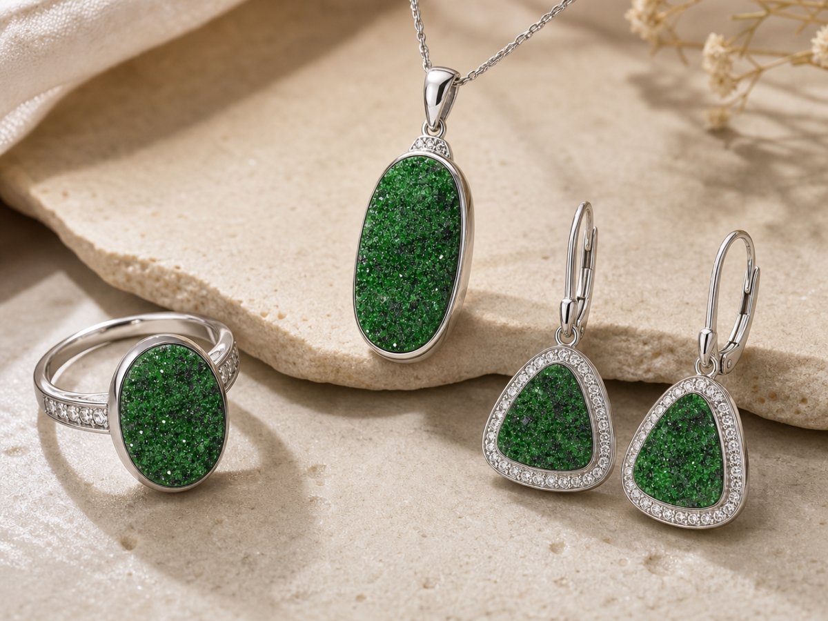 Uvarovite Garnet Drusy gemstones shown in jewelry