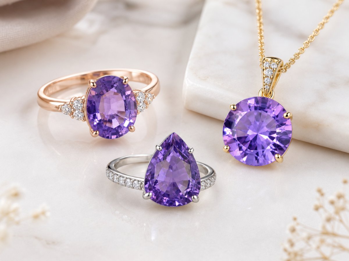Violet Sapphire gemstones shown in jewelry