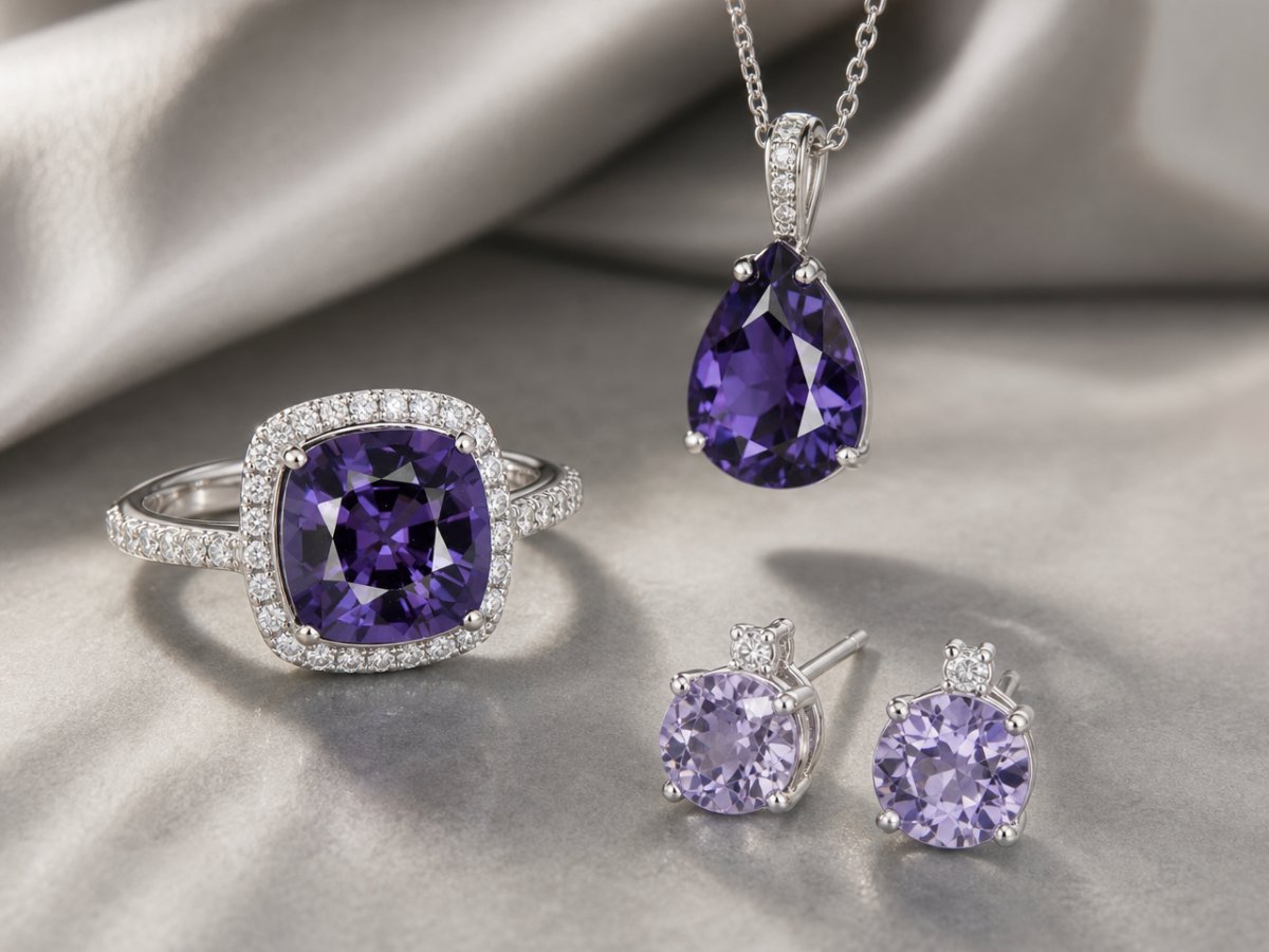 Violet Spinel gemstones shown in jewelry