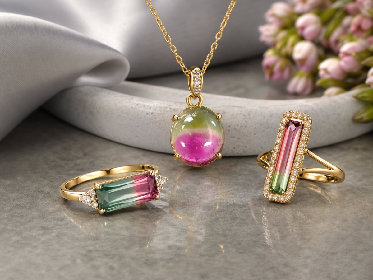 Watermelon Tourmaline gemstones shown in jewelry