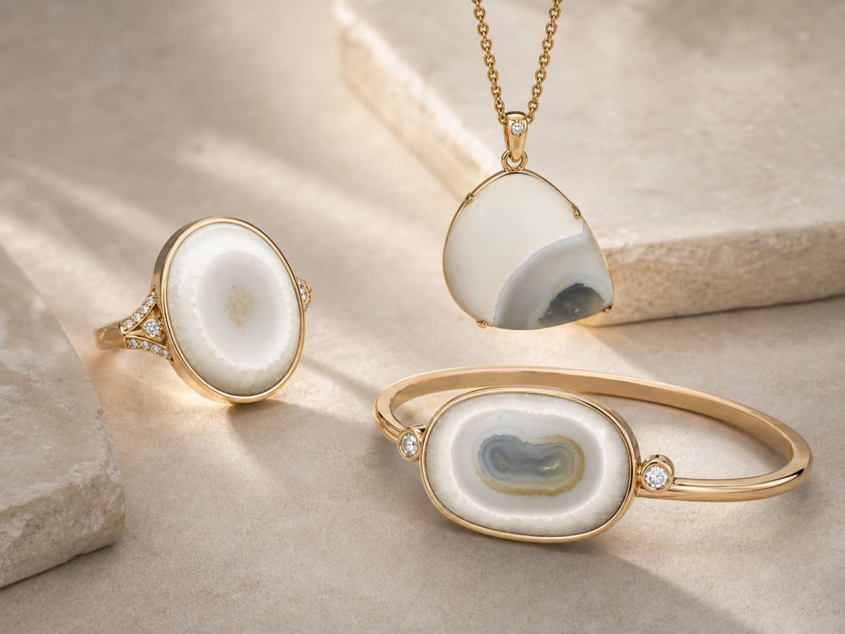 White Agate gemstones shown in jewelry
