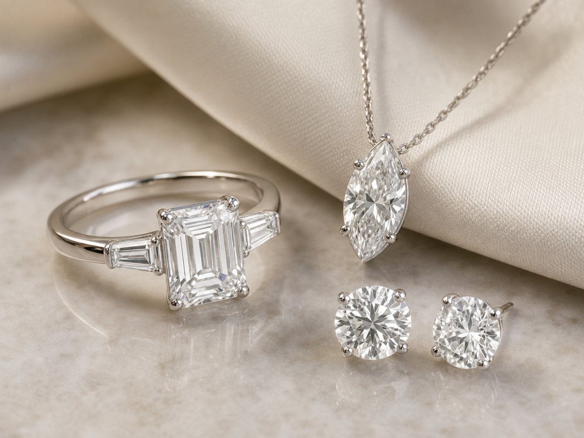White Diamond gemstones shown in jewelry