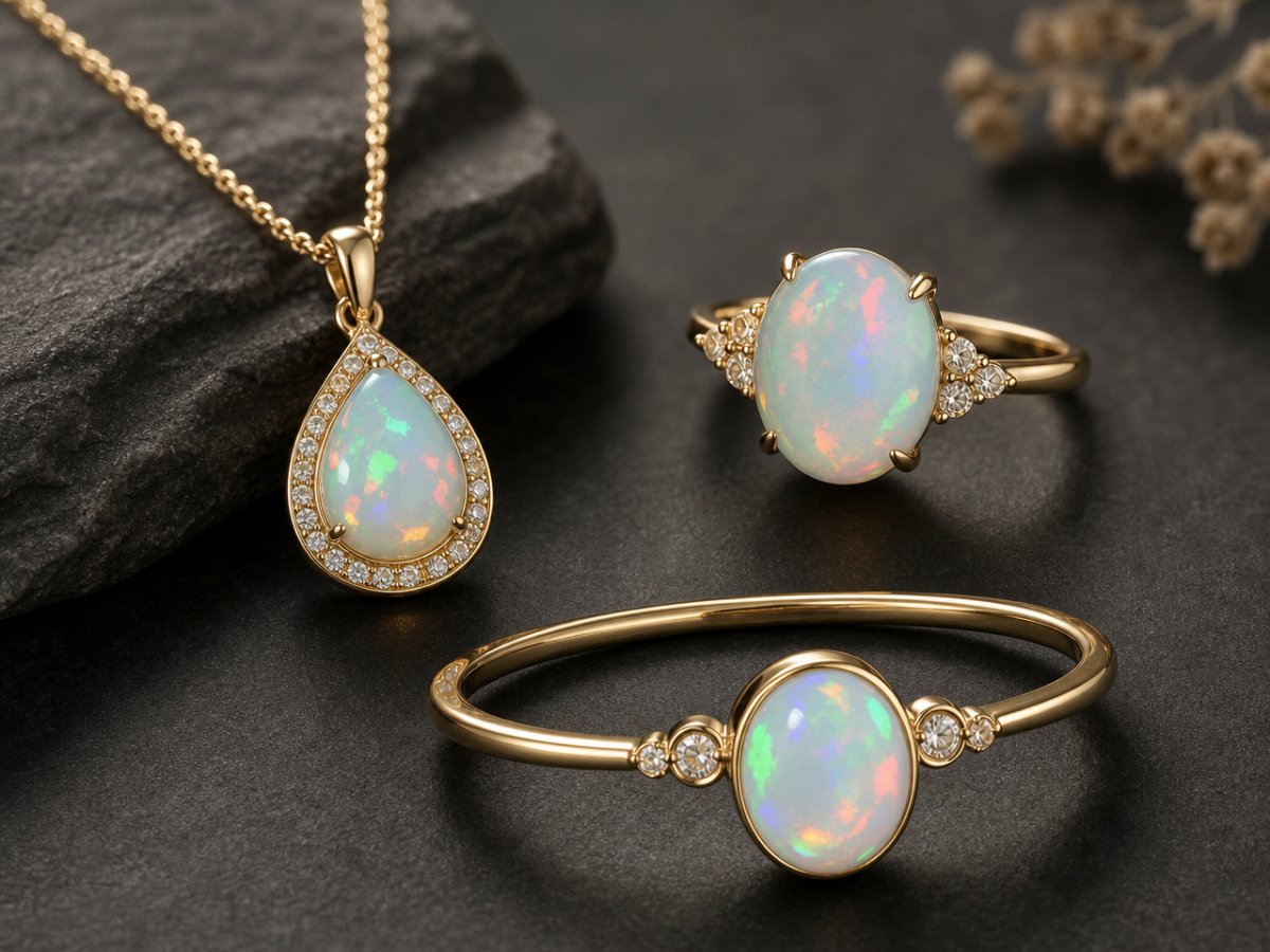 White Opal gemstones shown in jewelry
