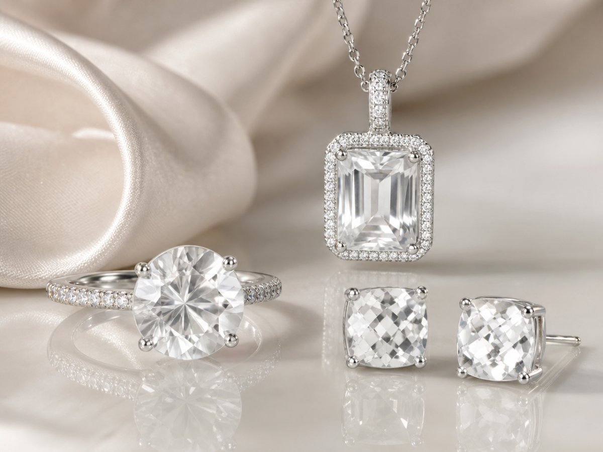 White Quartz gemstones shown in jewelry