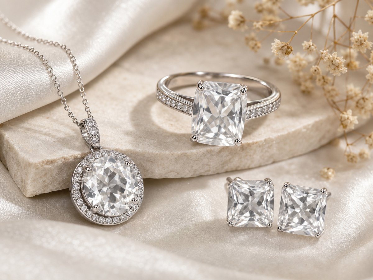 White Quartz gemstones shown in jewelry
