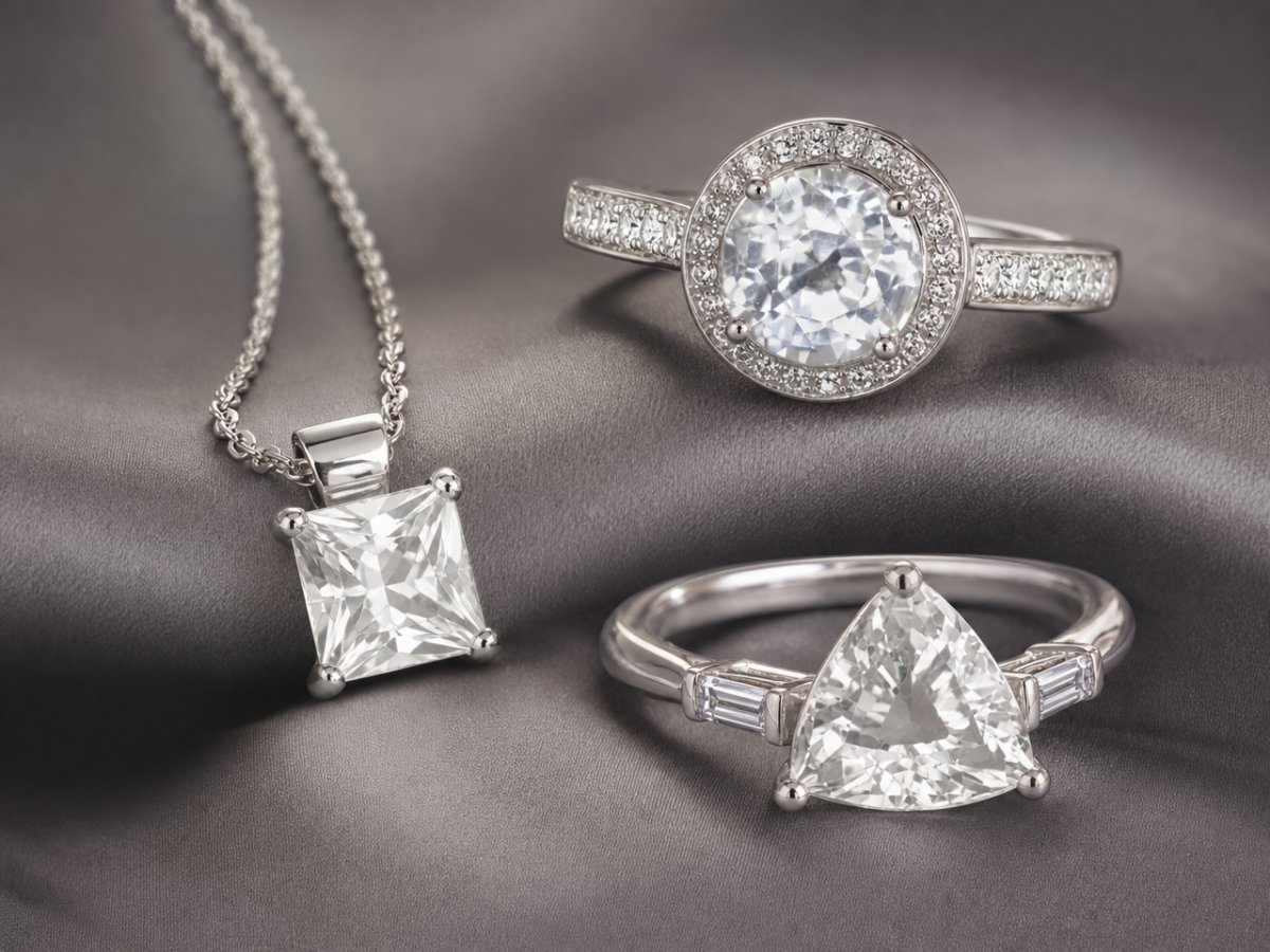 White Sapphire gemstones shown in jewelry