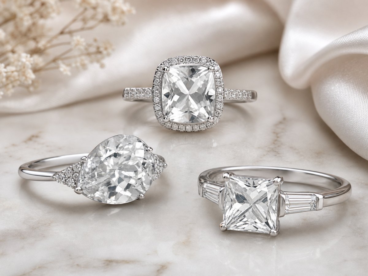 White Topaz gemstones shown in jewelry