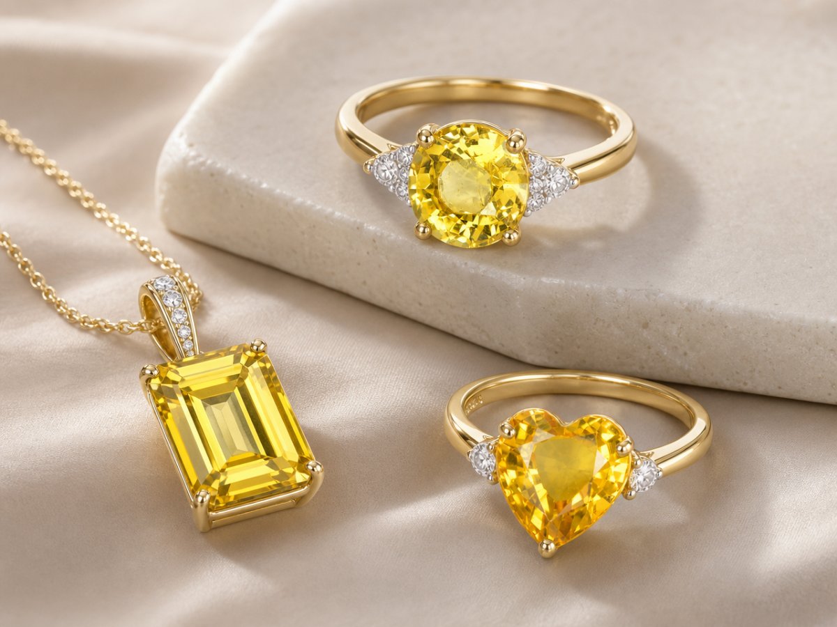 Yellow Sapphire gemstones shown in jewelry
