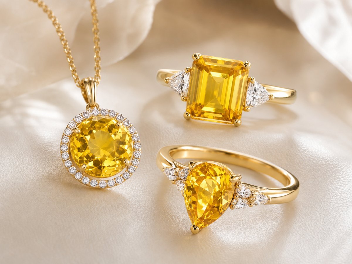 Yellow Sapphire gemstones shown in jewelry