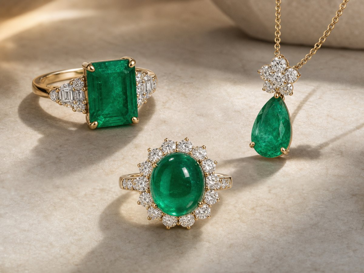 Zambian Emerald gemstones shown in jewelry