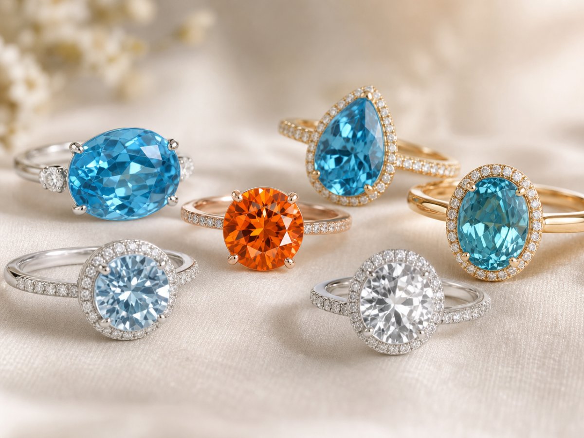 Zircon gemstones shown in jewelry