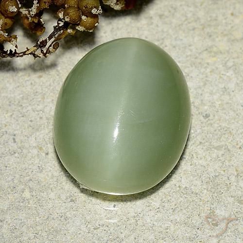 Actinolite œil de chat Vert oval cabochon des Etats-Unis, 12,9 x 10,6mm, poids de 6,24 ct, pierre gemme naturelle Non traité de pureté Translucide, 1 pièce Actinolite œil de chat, couleur Vert clair, dureté Mohs de 5.5 à 6, Photo A