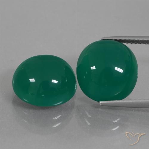 Matching Pair of 11.8 x 11.5mm Oval Cabochon Green Agate, Weight of 12.97ct total / avg. 6.49ct each, Matching Agate Pair in Translucent Clarity in Medium Green Color, Natural dyed gemstone, Mohs Hardness 6.5 - 7 suitable for daily wear jewelry, Photo A