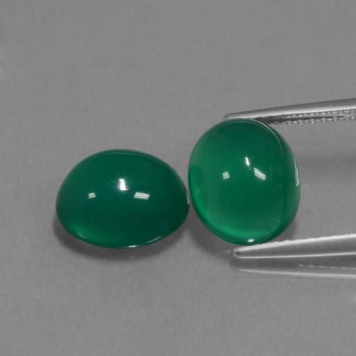 Matching Pair of 9.7 x 8.2mm Oval Cabochon Green Agate, Weight of 6.32ct total / avg. 3.16ct each, Matching Agate Pair in Translucent Clarity in Medium Green Color, Natural dyed gemstone, Mohs Hardness 6.5 - 7 suitable for daily wear jewelry, Photo A