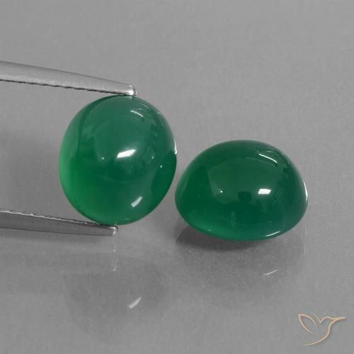 Matching Pair of 9.4 x 8.4mm Oval Cabochon Green Agate, Weight of 6.7ct total / avg. 3.35ct each, Matching Agate Pair in Translucent Clarity in Medium Green Color, Natural dyed gemstone, Mohs Hardness 6.5 - 7 suitable for daily wear jewelry, Photo A