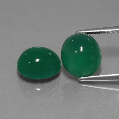 2 piezas de Ágata Verde Ovalada a juego en tamaño 9,6 x 8,5mm, peso 6,52 ct en total / promedio. 3,26 ct cada uno, Verde medio en claridad Translúcido, piedra preciosa natural , dureza de Mohs 6.5 - 7 Adecuado para joyas de uso diario, Photo A
