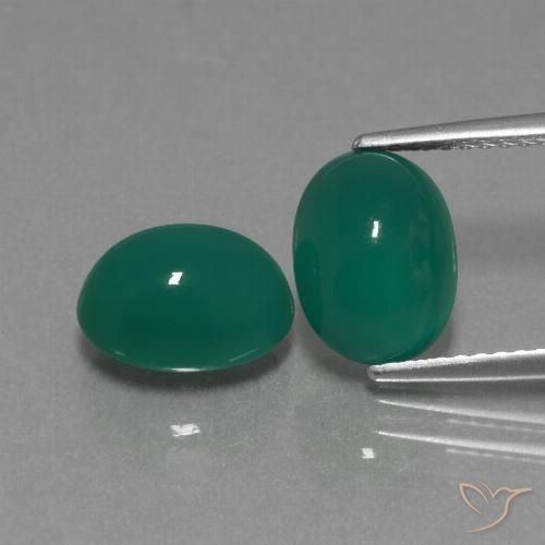 9.4 x 6.9mm Matching Oval Agate Pair - Weight 5.09ct total / avg. 2.55ct each, Natural Gemstone, Medium Green Color in Translucent Clarity, Mohs Hardness 6.5 - 7 suitable for daily wear jewelry, Photo A