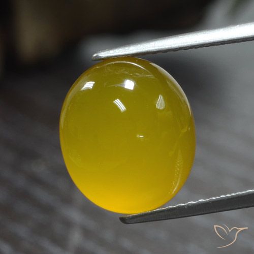 12.5 x 10.8mm Oval Cabochon Yellow Agate from India, Weight of 5.29ct, Natural dyed gemstone in Translucent Clarity, 1pc Agate - the Color is Deep Yellow, Mohs Hardness of 6.5 - 7 suitable for daily wear jewelry, Photo A