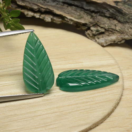 19 x 9.4mm Matching Fancy Agate Pair - Weight 7.44ct total / avg. 3.72ct each, Medium Green Color in Translucent Clarity, Natural Gemstone, Mohs Hardness 6.5 - 7 suitable for daily wear jewelry, Photo A