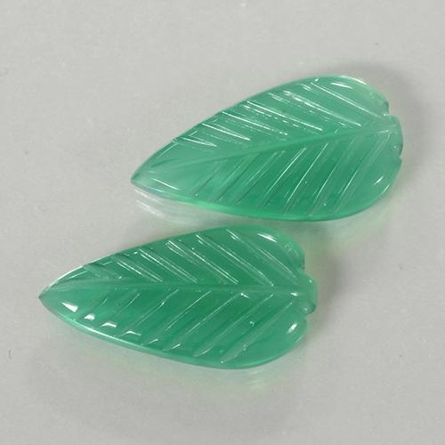 Matching Pair of 16.9 x 9.2mm Carved Leaf Green Agate, Weight of 5.57ct total / avg. 2.79ct each, Matching Agate Pair in Transparent Clarity in Cool Green Color, Natural dyed gemstone, Mohs Hardness 6.5 - 7 suitable for daily wear jewelry, Photo A