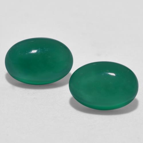 Matching Pair of 6.2 x 4.3mm Oval Cabochon Green Agate, Weight of 1.15ct total / avg. 0.58ct each, Matching Agate Pair in Translucent Clarity in Medium Green Color, Natural dyed gemstone, Mohs Hardness 6.5 - 7 suitable for daily wear jewelry, Photo A