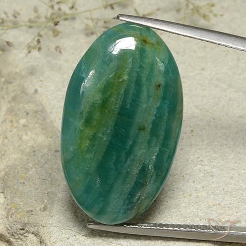 25.86ct Oval Cabochon Turquoise Amazonite from Madagascar, Dimension 29.4 x 17.3mm, Natural untreated Gemstone, Translucent Clarity, 1 piece Amazonite in Green Blue Color, Mohs Hardness of 6 - 6.5, Photo A