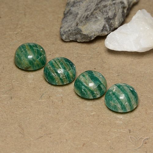 Lot of 4pc Round Cabochon Green Amazonite from Madagascar - Size 9.2mm, Weight 11.93ct total / avg. 2.98ct each, Color: Cool Green, Mohs Hardness 6 - 6.5, Photo A