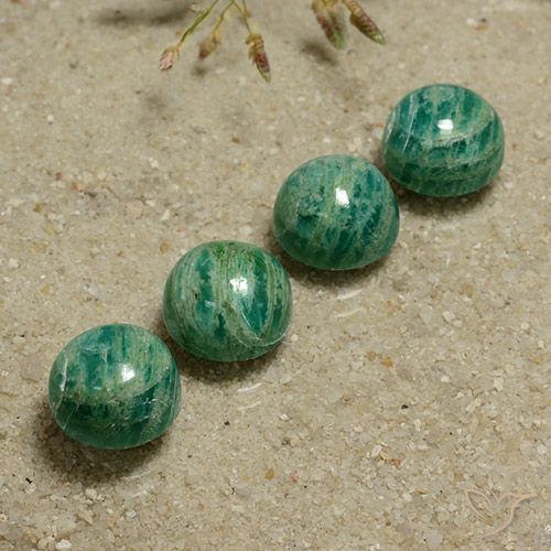4 Stück 9,2mm runder Amazonit / Set - 14,24 ct Gesamtgewicht / Durchschn. je 3,56 ct, Farbe: Mittelgrün, Mohs-Härte 6 - 6,5, Photo A